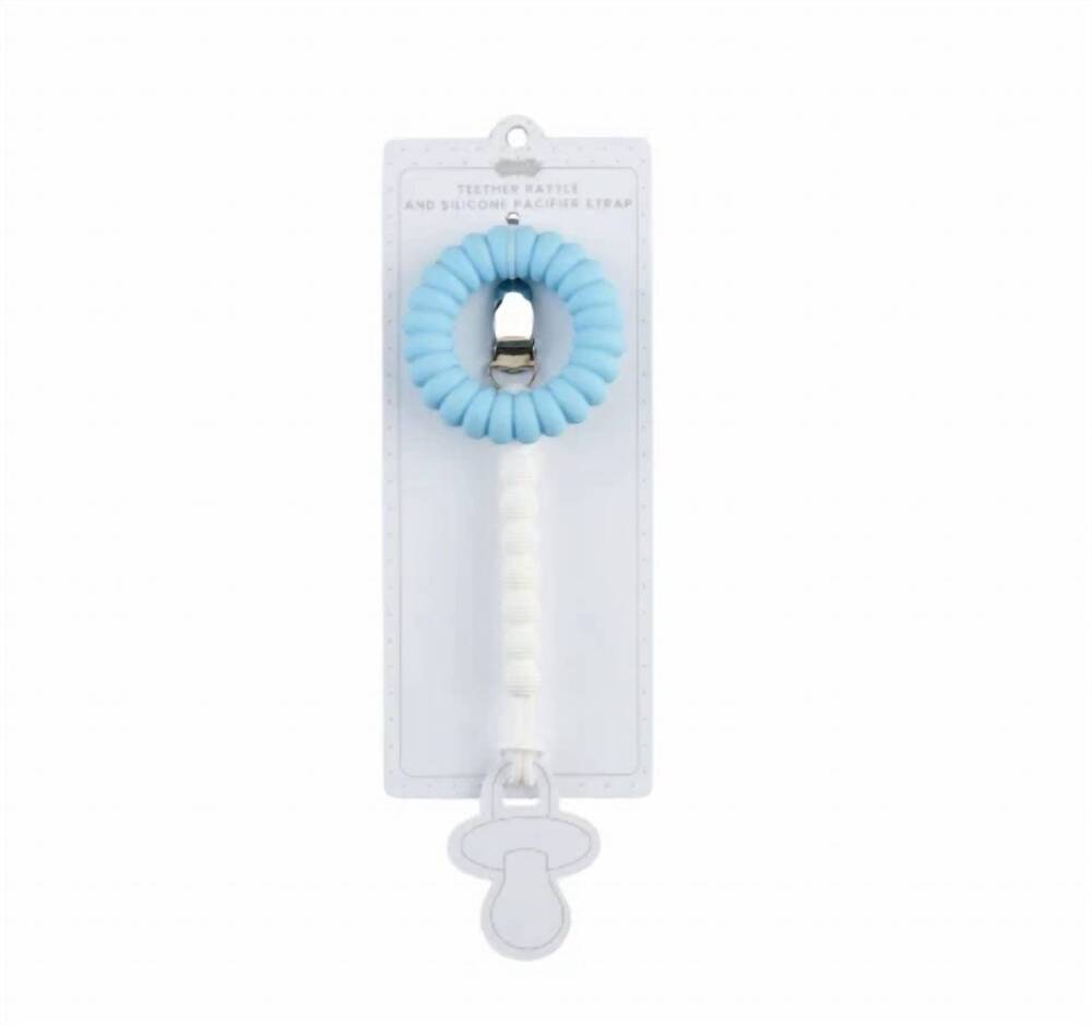 NEW MUDPIE kid's teether rattle with paci strap in blue/ white